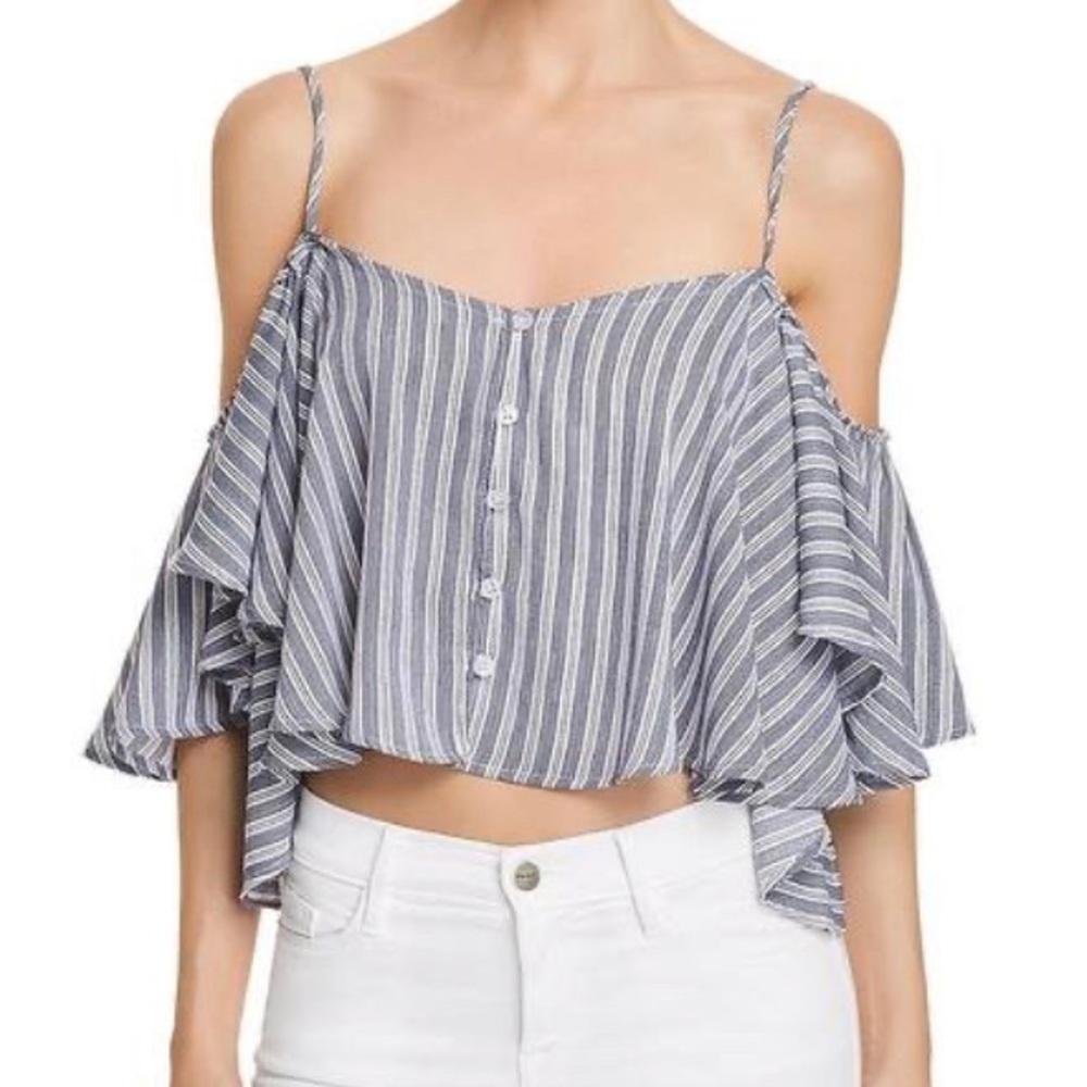 Vintage Havana Blue and White Striped Cold-Shoulder Crop Top